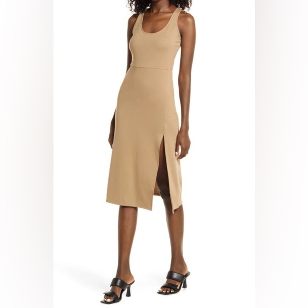 Open Edit scoop neck midi tank dress in tan size XS